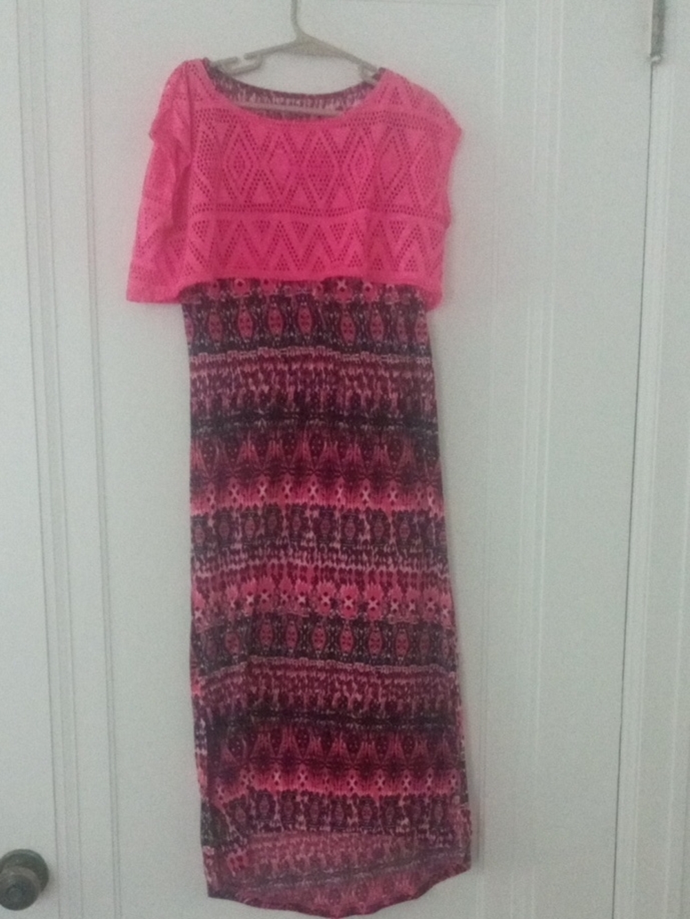 Sleeveless maxi dress with a crocheted pink overlay top. girl 10